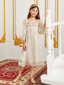 SHEIN Đầm Gái viền lá sen Dây kéo Chấm bi Buổi tiệc - Màu be - Xem 6
