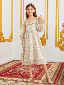 SHEIN Đầm Gái viền lá sen Dây kéo Chấm bi Buổi tiệc - Màu be - Xem 3