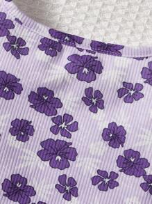 SHEIN Chicas Top halter tejido de canalé floral - Lila Púrpura - Ver 3