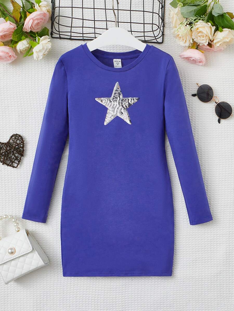 SHEIN Girls Star Pattern Sequin Dress - Royal Blue - View 1