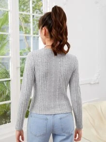 SHEIN 青少年女孩前紐扣羅紋針織T恤 - 淺灰色 - 查看 2