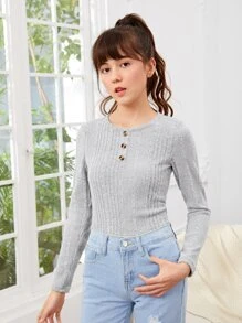 SHEIN 青少年女孩前紐扣羅紋針織T恤 - 淺灰色 - 查看 3