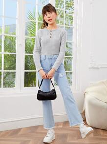 SHEIN 青少年女孩前紐扣羅紋針織T恤 - 淺灰色 - 查看 4