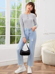 SHEIN 青少年女孩前紐扣羅紋針織T恤 - 淺灰色 - 查看 5