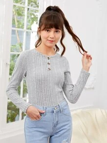 SHEIN 青少年女孩前紐扣羅紋針織T恤 - 淺灰色 - 查看 6