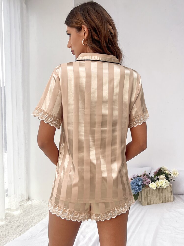 Contrast Lace Satin PJ Set - Apricot - View 2