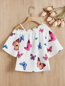 SHEIN 女孩蝴蝶圖案鏤空蕾絲花邊不對稱領襯衫 - 彩色 - 查看 2