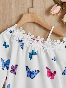 SHEIN 女孩蝴蝶圖案鏤空蕾絲花邊不對稱領襯衫 - 彩色 - 查看 3