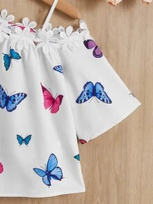 SHEIN 女孩蝴蝶圖案鏤空蕾絲花邊不對稱領襯衫 - 彩色 - 查看 4