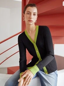 MOTF PREMIUM TWO-TONE VISCOSE-BLEND CARDIGAN - Black - View 4