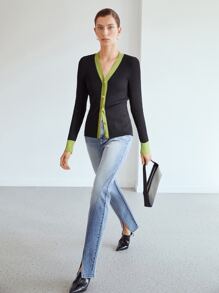 MOTF PREMIUM TWO-TONE VISCOSE-BLEND CARDIGAN - Black - View 5