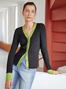 MOTF PREMIUM TWO-TONE VISCOSE-BLEND CARDIGAN - Black - View 6