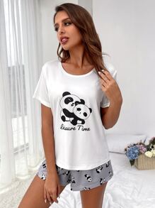 Panda & Letter Graphic PJ Set - Multicolor - View 3
