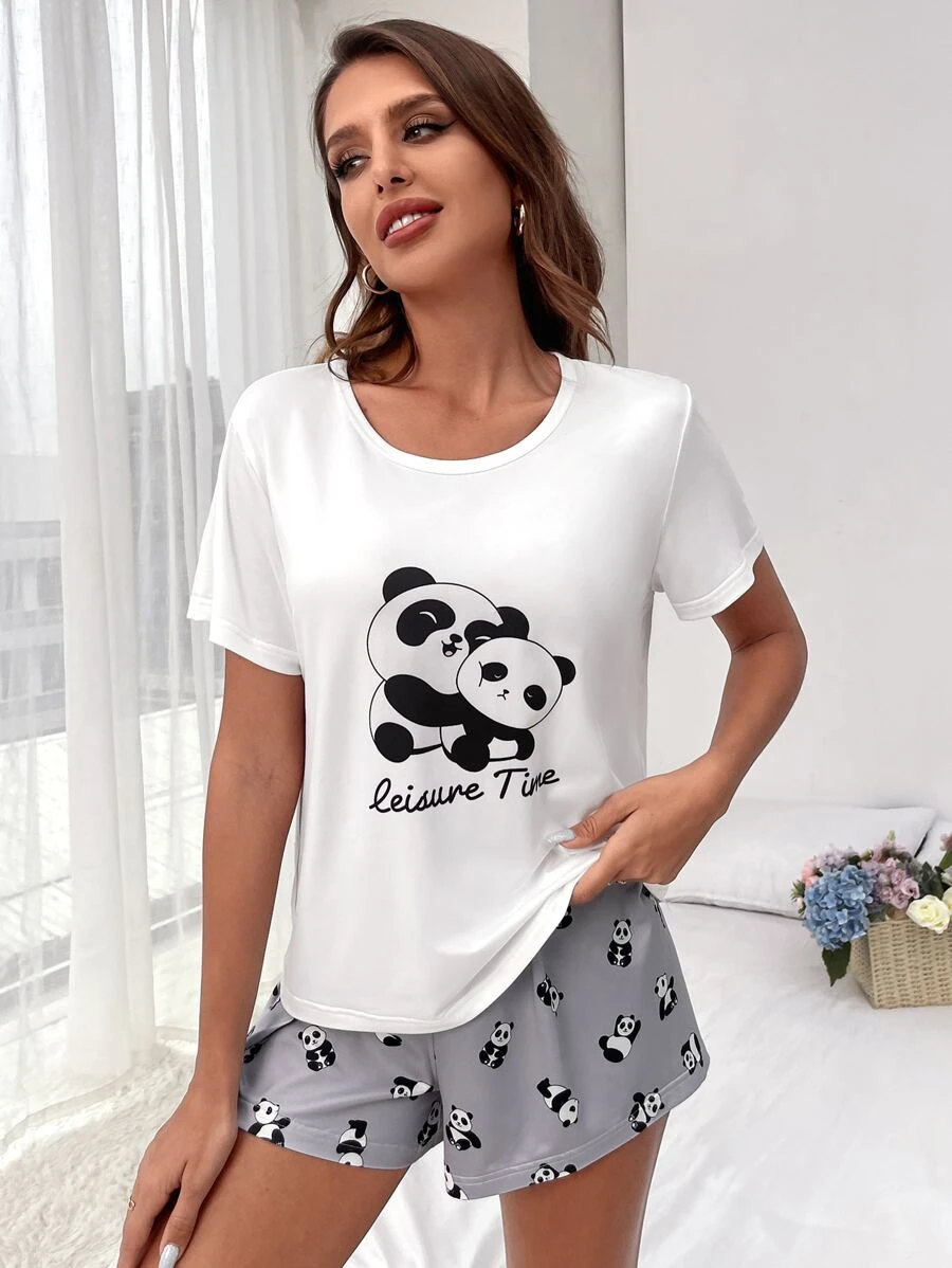 Panda & Letter Graphic PJ Set - Multicolor - View 1