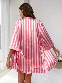 Striped Print Satin Cami Dress & Robe PJ Set - Multicolor - View 2