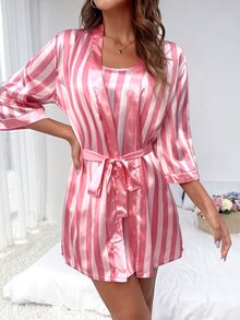 Striped Print Satin Cami Dress & Robe PJ Set - Multicolor - View 3