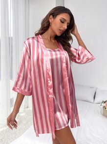 Striped Print Satin Cami Dress & Robe PJ Set - Multicolor - View 4