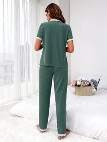 Contrast Lace Trim Pyjama Set - Green - View 2