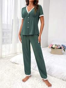 Contrast Lace Trim Pyjama Set - Green - View 1