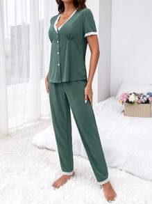 Contrast Lace Trim Pyjama Set - Green - View 4