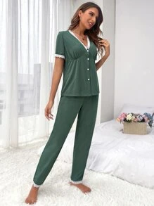 Contrast Lace Trim Pyjama Set - Green - View 5