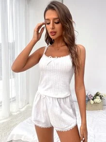 SHEIN Lace Trim Bow Front Cami Top & Shorts PJ Set / Pajama Set White Set