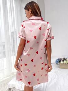 Heart Print Contrast Piping Satin Night Dress - Baby Pink - View 2