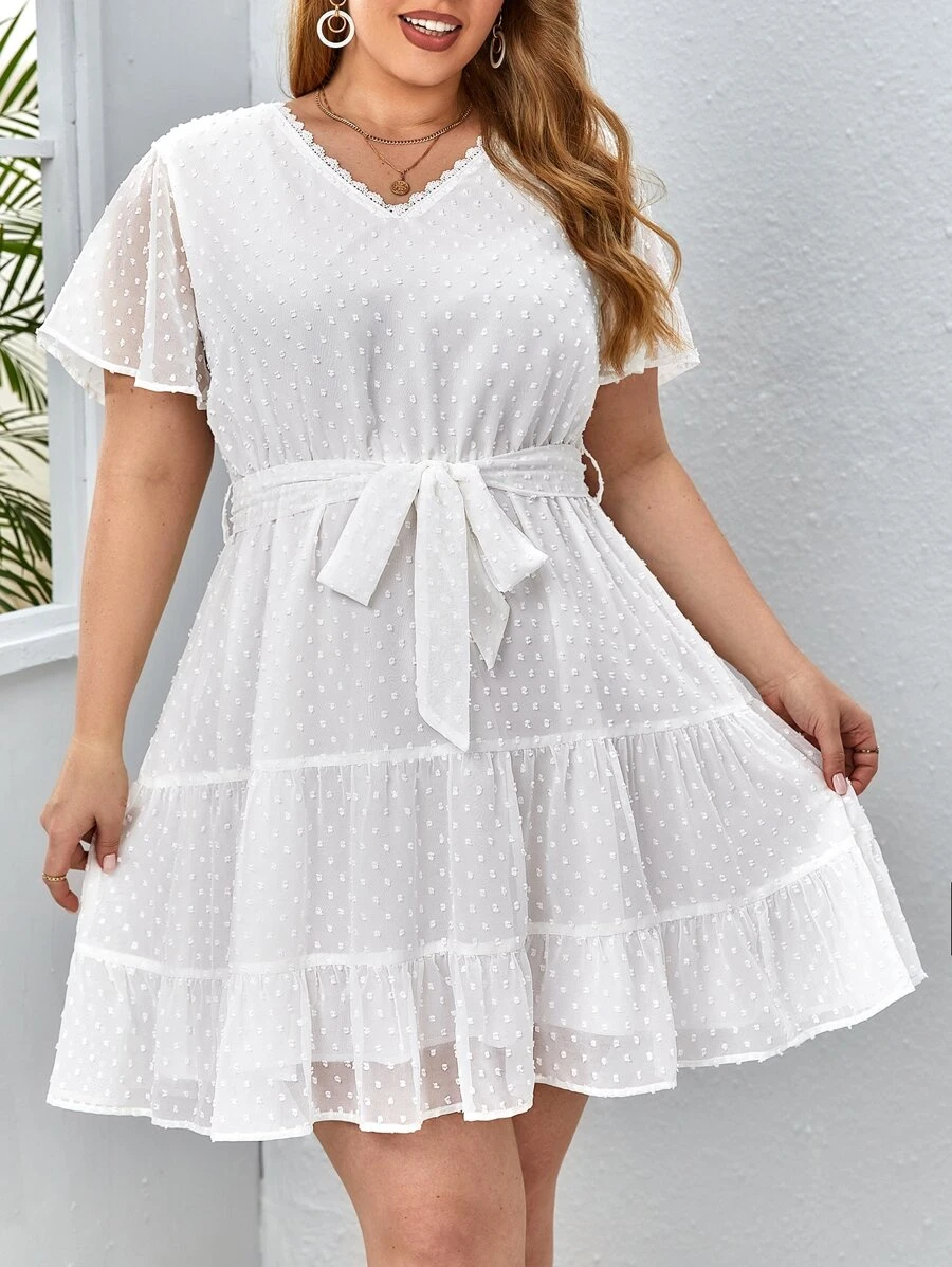 SHEIN Privé 大碼圓點蕾絲邊繫腰帶連衣裙 - 白色 - 查看 1