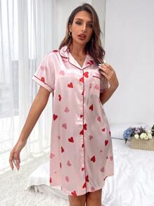 Heart Print Contrast Piping Satin Night Dress - Baby Pink - View 4