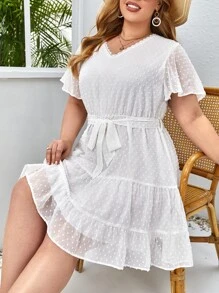 SHEIN Privé 大碼圓點蕾絲邊繫腰帶連衣裙 - 白色 - 查看 6