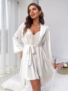 Crystal Vow Conjunto de pijama con bata de satén con cinturón y encaje en contraste, y camisón - Ropa de otoño e invierno, lencería sexy - Blanco - Ver 3