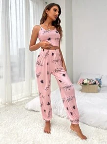Heart & Letter Graphic Cami Top & Trousers PJ Set - Pink - View 4