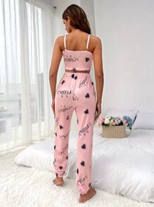 Heart & Letter Graphic Cami Top & Trousers PJ Set - Pink - View 2