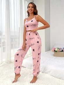 Heart & Letter Graphic Cami Top & Trousers PJ Set - Pink - View 5