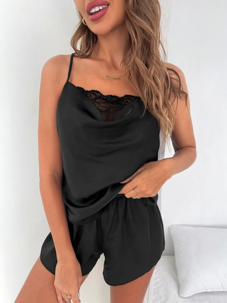 Lace Panel Draped Collar Satin Cami Top & Shorts PJ Set - Black - View 1
