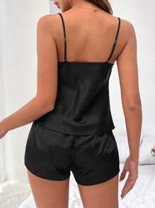 Lace Panel Draped Collar Satin Cami Top & Shorts PJ Set - Black - View 2
