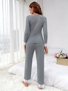 Eyelash Lace Panel Tee & Trousers PJ Set - Grey - View 2