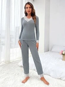 Eyelash Lace Panel Tee & Trousers PJ Set - Grey - View 5