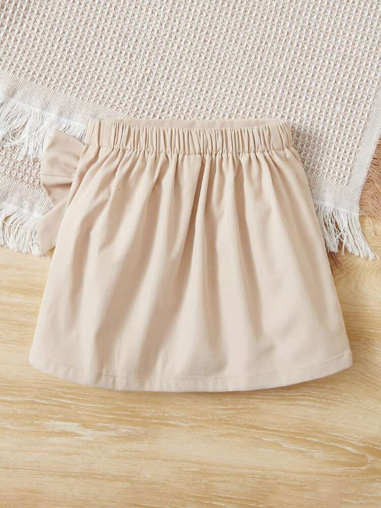 SHEIN Sweet Young Girl's Front Bowknot High-Low Hem Skirt - Beige - View 2