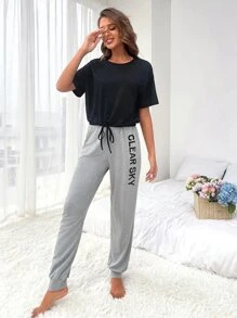 Knot Waist Solid Top & Letter Graphic Trousers Lounge Set - Multicolor - View 1