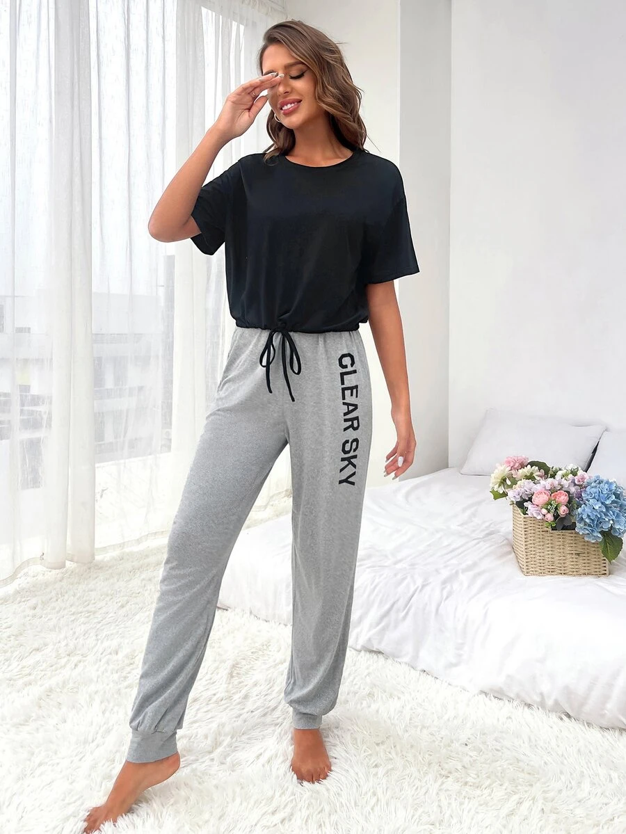 Knot Waist Solid Top & Letter Graphic Trousers Lounge Set - Multicolor - View 1