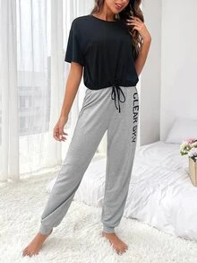 Knot Waist Solid Top & Letter Graphic Trousers Lounge Set - Multicolor - View 4