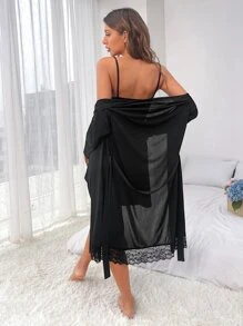 SHEIN Vestido de dormir de tirantes ribete con encaje pecho con fruncido & Bata con cinturón - Negro - Ver 2