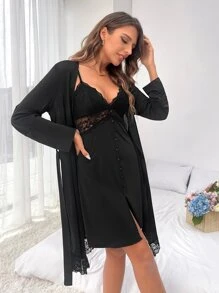SHEIN Vestido de dormir de tirantes ribete con encaje pecho con fruncido & Bata con cinturón - Negro - Ver 4