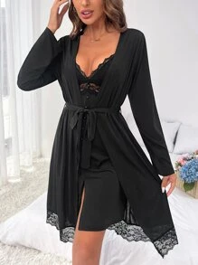 SHEIN Vestido de dormir de tirantes ribete con encaje pecho con fruncido & Bata con cinturón - Negro - Ver 5