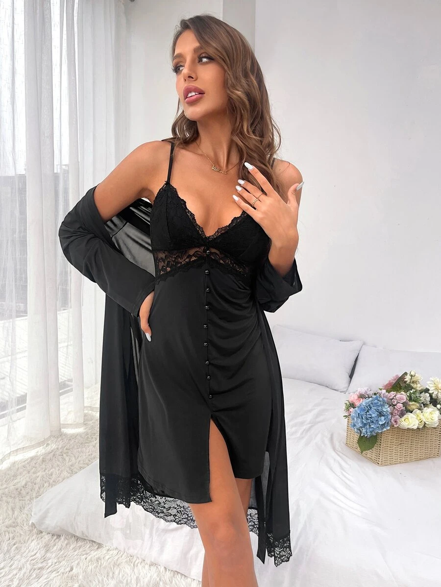 SHEIN Vestido de dormir de tirantes ribete con encaje pecho con fruncido & Bata con cinturón - Negro - Ver 1