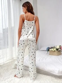 Heart Print Contrast Lace Satin PJ Set - White - View 2