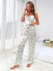 Heart Print Contrast Lace Satin PJ Set - White - View 4