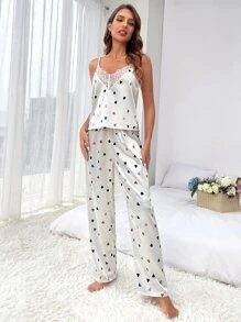 Heart Print Contrast Lace Satin PJ Set - White - View 5