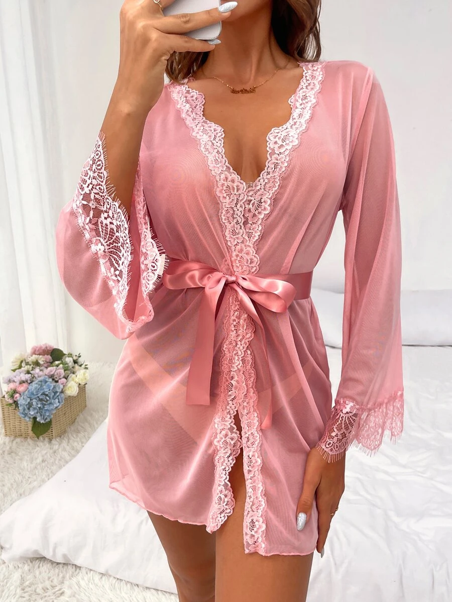 Eyelash Lace Panel Belted Robe Without Lingerie - Pink - View 1